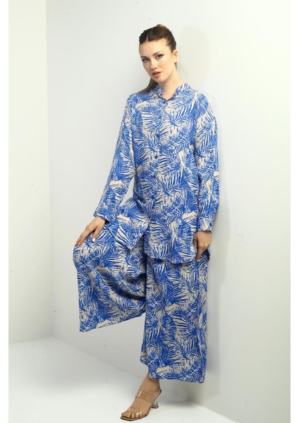 Kadın Yanları Yırtmaçlı Tunik Gömlek Beli Lastikli Cepli Palazzo Pantolon Yaprak Desenli Oversize 2'li Takım