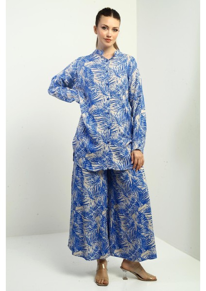 Kadın Yanları Yırtmaçlı Tunik Gömlek Beli Lastikli Cepli Palazzo Pantolon Yaprak Desenli Oversize 2'li Takım fiyatları