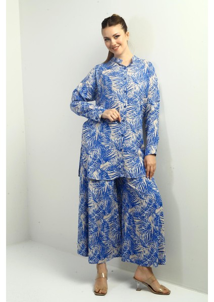 Kadın Yanları Yırtmaçlı Tunik Gömlek Beli Lastikli Cepli Palazzo Pantolon Yaprak Desenli Oversize 2'li Takım modelleri