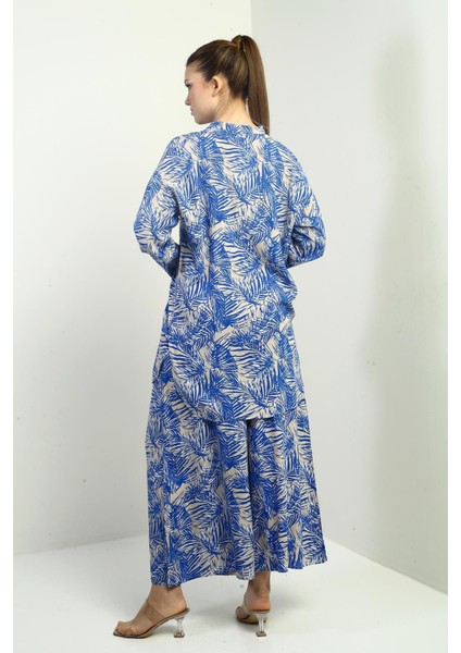 Kadın Yanları Yırtmaçlı Tunik Gömlek Beli Lastikli Cepli Palazzo Pantolon Yaprak Desenli Oversize 2'li Takım fırsatları