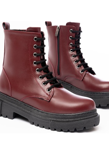 812-356 Bordo Bağcıklı Fermuarlı Günlük Kadın Bot
