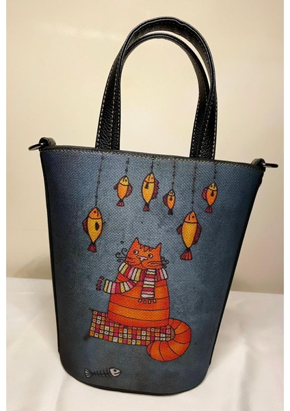 Bohem-Kova Model Kedi ve Balık Temalı Uzun ve Kısa Askılı Çanta