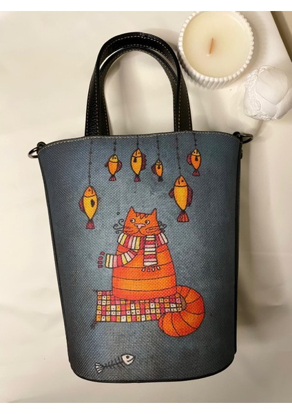Bohem-Kova Model Kedi ve Balık Temalı Uzun ve Kısa Askılı Çanta