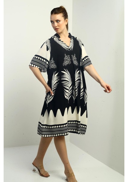 Kadın Yaprak Desenli Cepli Oversize Kısa Elbise