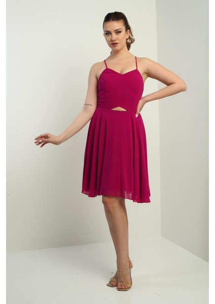 Kadın Ip Askılı Arkası Bağlamalı Önü Pencereli Astarlı Şifon Kısa Kloş Elbise fiyatları