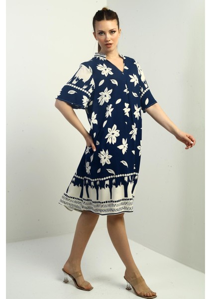 Kadın Çiçek Desenli Cepli Oversize Kısa Elbise