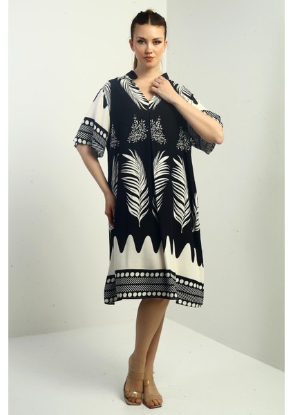 Kadın Yaprak Desenli Cepli Oversize Kısa Elbise fiyatları