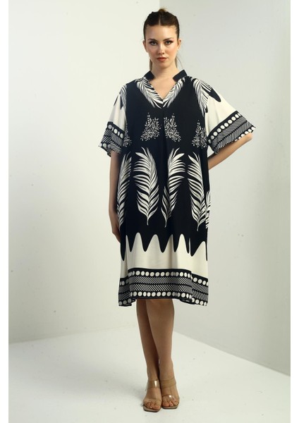 Kadın Yaprak Desenli Cepli Oversize Kısa Elbise modelleri