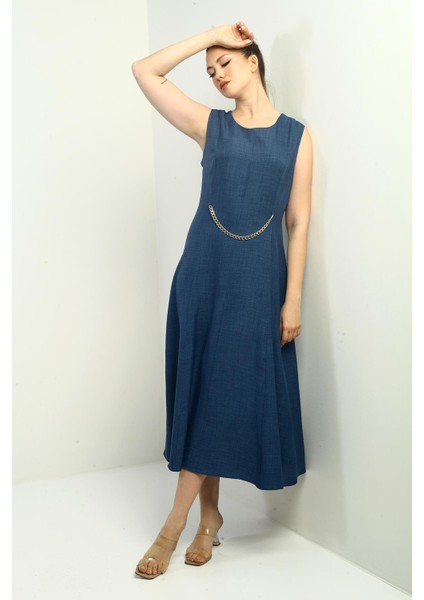 Kadın Zincir Detaylı Midi Elbise