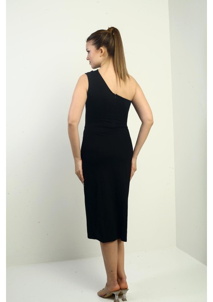 Kadın Tek Omuzlu Yırtmaçlı Büzgülü Midi Elbise fırsatları