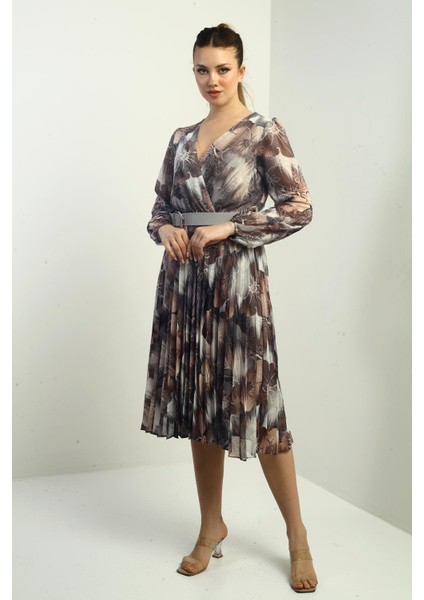 Kadın Kruvaze Yaka Beli Kemerli Astarlı Çiçek Desenli Pileli Midi Şifon Elbise