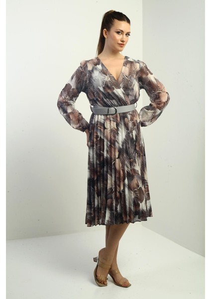 Kadın Kruvaze Yaka Beli Kemerli Astarlı Çiçek Desenli Pileli Midi Şifon Elbise fiyatları