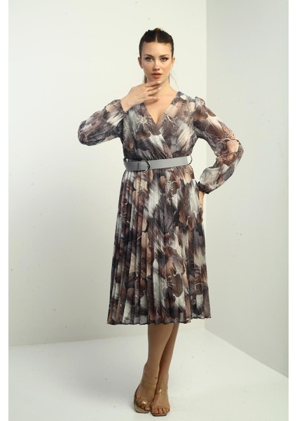 Kadın Kruvaze Yaka Beli Kemerli Astarlı Çiçek Desenli Pileli Midi Şifon Elbise modelleri