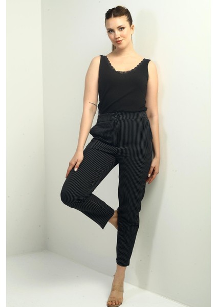 Kadın Beli Lastikli Cepli Boyuna Çizgili Dar Paça Pantolon