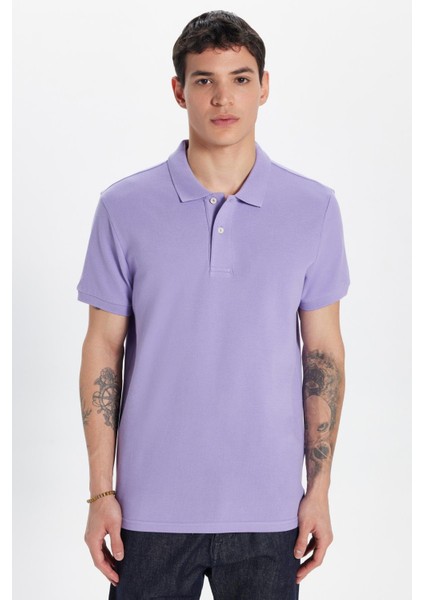Erkek Slim Fit Dar Kesim %100 Pamuk Eflatun Polo Yaka Tişört