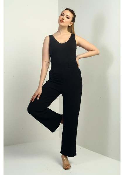 Kadın Cırt Kapama Cepli Pileli Likralı Palazzo Pantolon