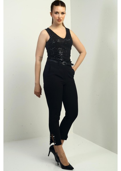 Kadın Beli Kemerli Yandan Cepli Paça Taş Detaylı Pantolon fiyatları