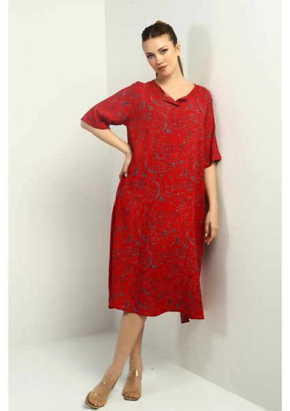 Kadın Şal Desenli Cepli Oversize Elbise