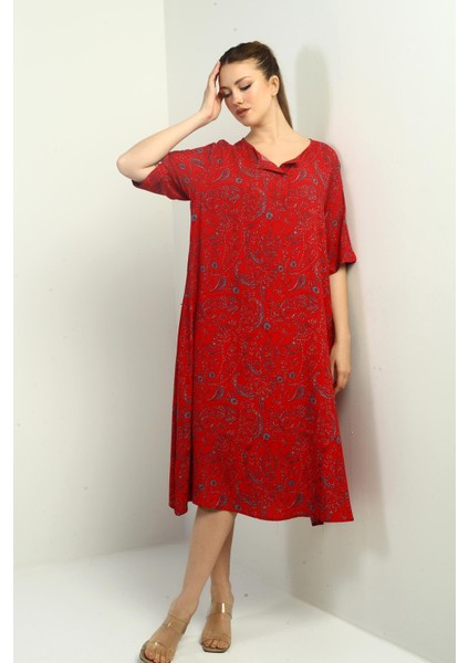 Kadın Şal Desenli Cepli Oversize Elbise