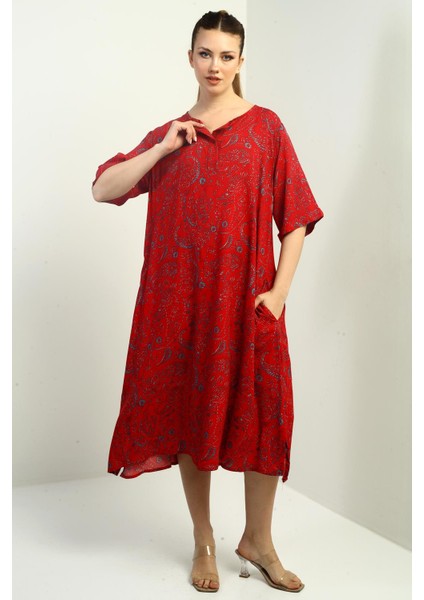 Kadın Şal Desenli Cepli Oversize Elbise