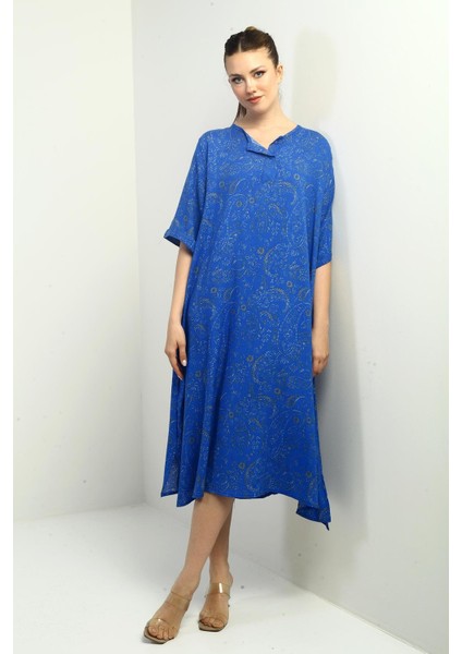 Kadın Şal Desenli Cepli Oversize Elbise
