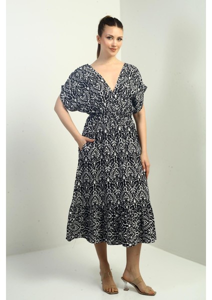 Kadın Ön Arka V Yaka Yarasa Kollu Cepli Etnik Desen Fırfırlı Elbise