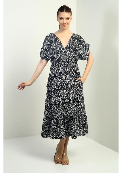Kadın Ön Arka V Yaka Yarasa Kollu Cepli Etnik Desen Fırfırlı Elbise fiyatları