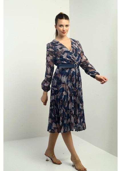 Kadın Kruvaze Yaka Beli Kemerli Astarlı Pileli Desenli Midi Şifon Elbise fiyatları