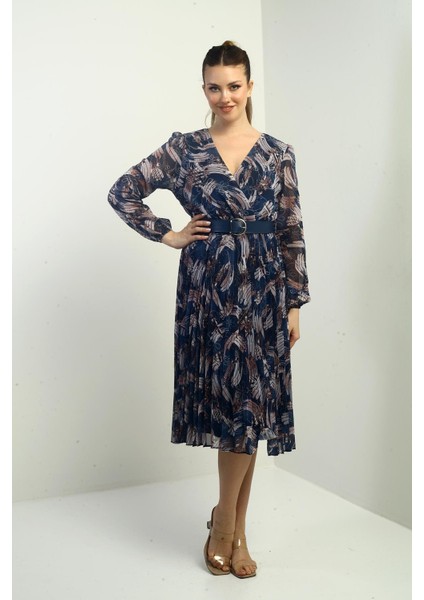 Kadın Kruvaze Yaka Beli Kemerli Astarlı Pileli Desenli Midi Şifon Elbise modelleri