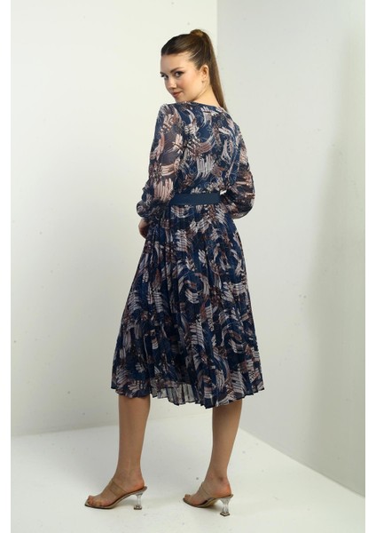 Kadın Kruvaze Yaka Beli Kemerli Astarlı Pileli Desenli Midi Şifon Elbise fırsatları