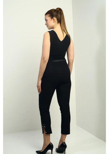 Kadın Beli Kemerli Yandan Cepli Paça Taş Detaylı Pantolon fırsatları