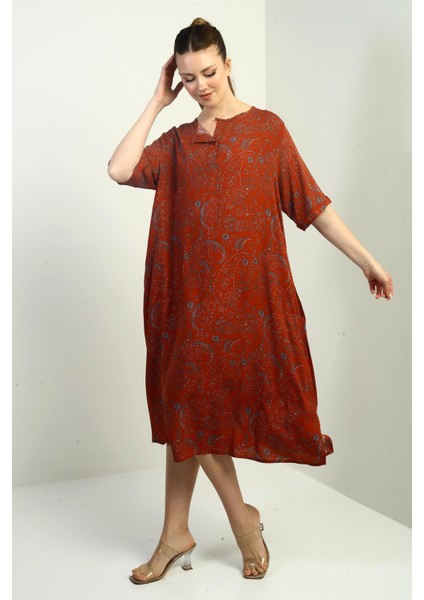 Kadın Şal Desenli Cepli Oversize Elbise