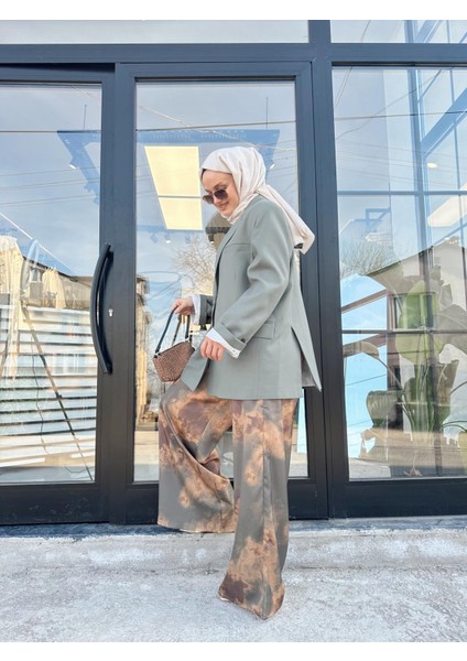 Etnik Desen Saten Pantolon Yeşil