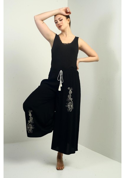 Kadın Beli Lastikli Cepli Nakış Detaylı Palazzo Pantolon