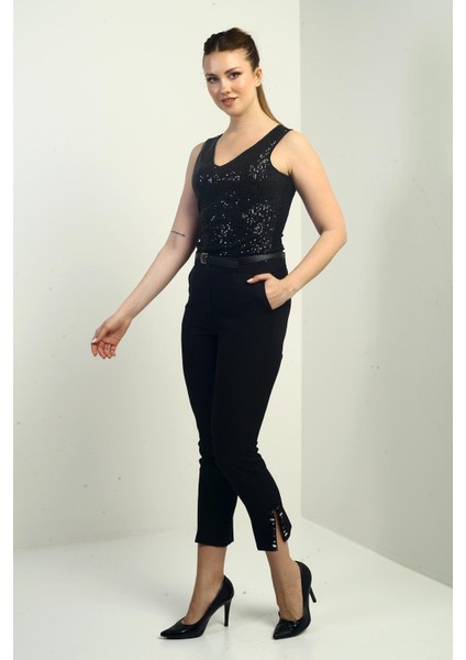 Kadın Beli Kemerli Yandan Cepli Paça Taş Detaylı Pantolon modelleri