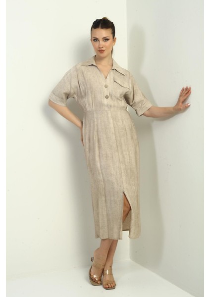 Kadın Tek Cepli Yarım Düğmeli Önü Yırtmaçlı Degrade Elbise