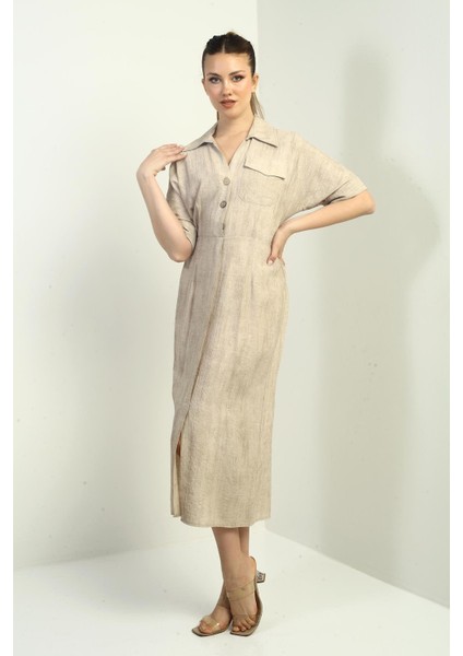 Kadın Tek Cepli Yarım Düğmeli Önü Yırtmaçlı Degrade Elbise fiyatları