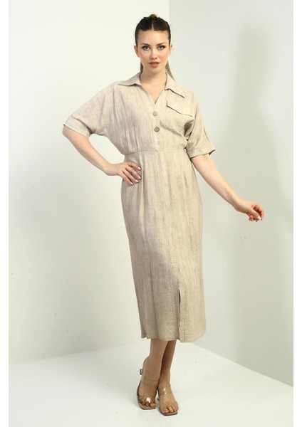 Kadın Tek Cepli Yarım Düğmeli Önü Yırtmaçlı Degrade Elbise modelleri