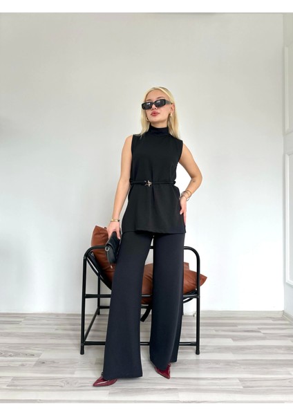 Kadın Dik Yaka Bağcıklı Pantolon Takım Siyah