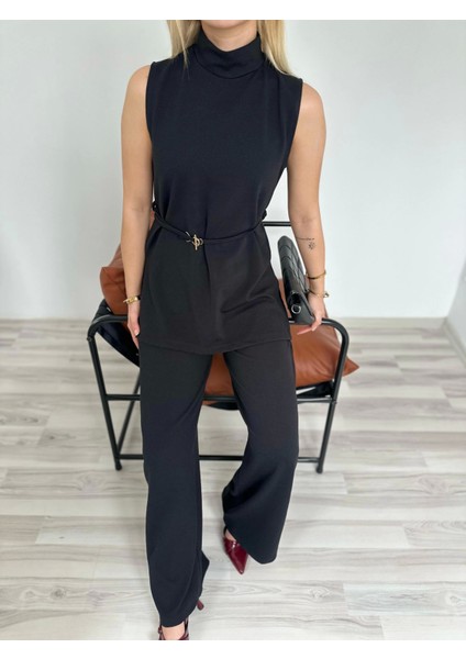 Kadın Dik Yaka Bağcıklı Pantolon Takım Siyah modelleri