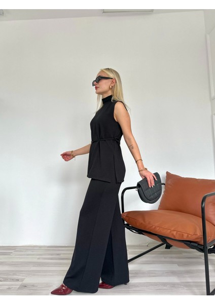 Kadın Dik Yaka Bağcıklı Pantolon Takım Siyah fırsatları