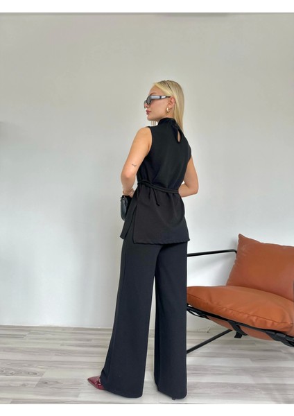 Kadın Dik Yaka Bağcıklı Pantolon Takım Siyah indirimleri