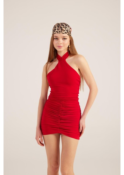 Halter Yaka Büzgülü Mini Perla Elbise fiyatları