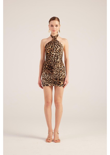 Leopar Desenli Halter Yaka Sırtı Açık Mini Rachel Elbise