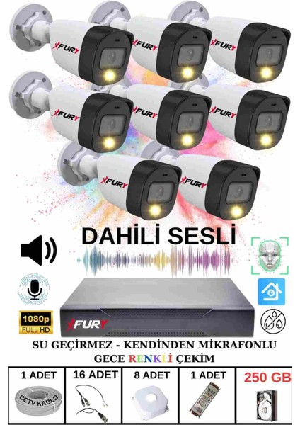 8 Li Sesli Gece Renkli Görüş Güvenlik Kamerası Su Geçirmez Güvenlik Kamerası Seti 250GB
