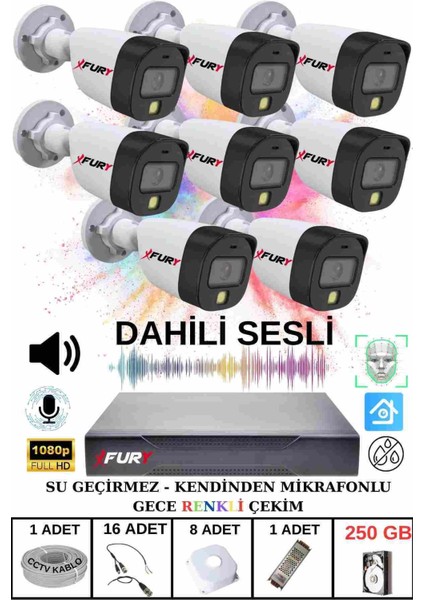 8 Li Sesli Gece Renkli Görüş Güvenlik Kamerası Su Geçirmez Güvenlik Kamerası Seti 250GB