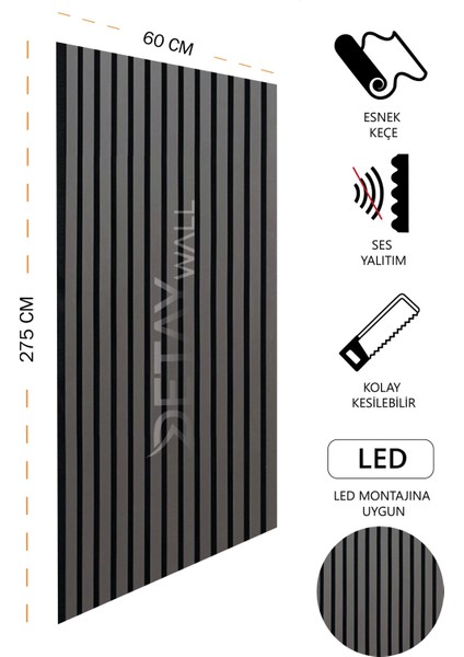 Mdf Ahşap Akustik Duvar Paneli - 60 x 275 cm - Antrasit