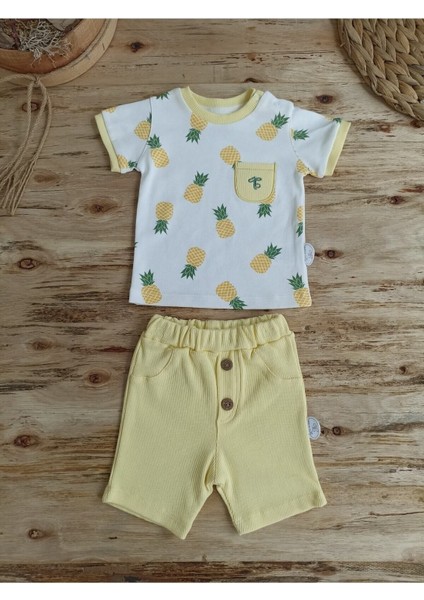 Yenidoğan Erkek Bebek Yazlık Kısa Kollu & Şortlu Takım - Ananas Desenli & Sarı 2'li Alt Üst Takım