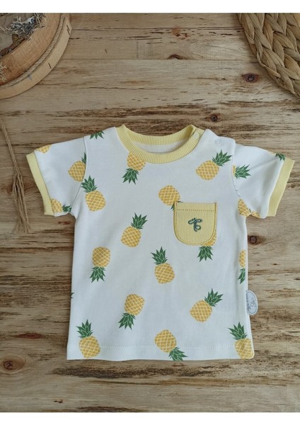 Yenidoğan Erkek Bebek Yazlık Kısa Kollu & Şortlu Takım - Ananas Desenli & Sarı 2'li Alt Üst Takım
