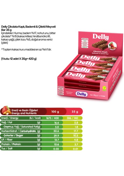 Çikolata Kaplı - Bademli & Çilekli Meyveli Bar 35g X 12 Adet